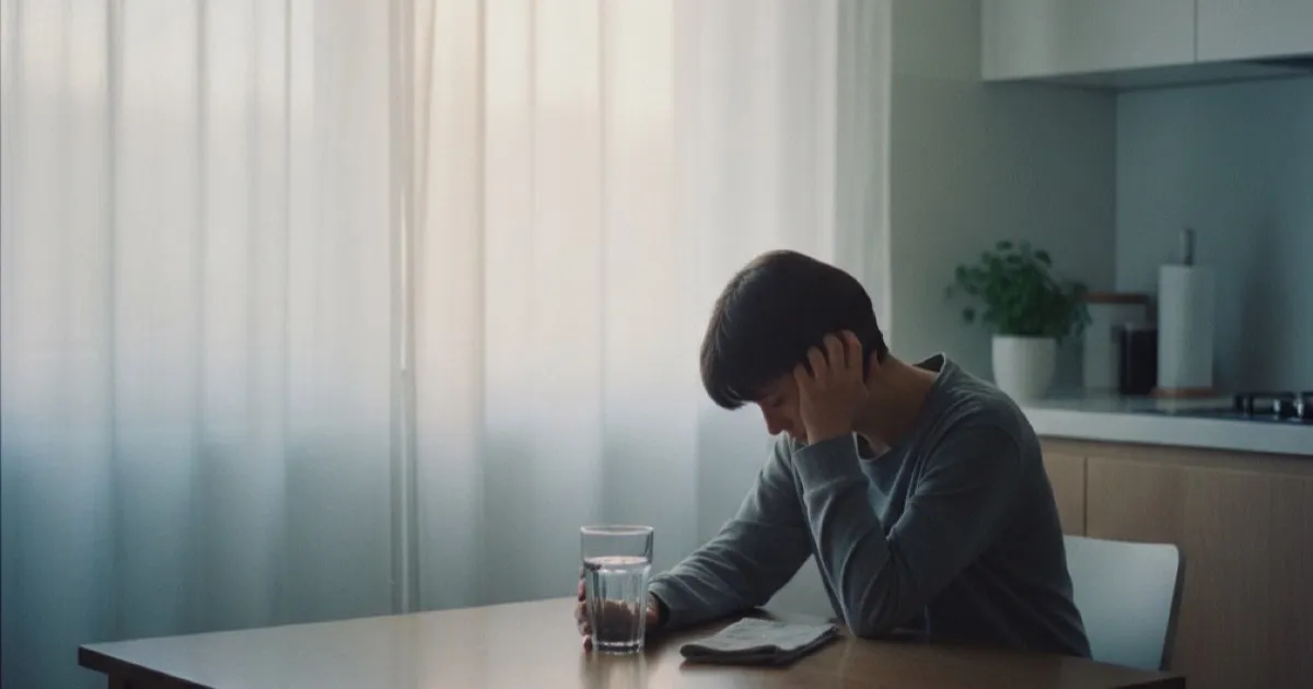 Person sitting alone at a kitchen table in soft early morning light, contemplating