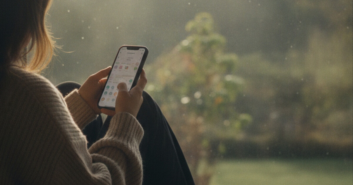 Person holding a phone showing a sobriety tracking app while sitting by a window in morning light
