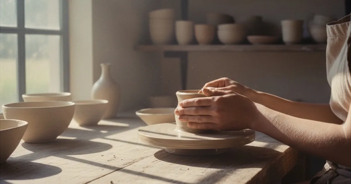 Hands shaping clay on a pottery wheel in a sunlit studio with morning light streaming through a window