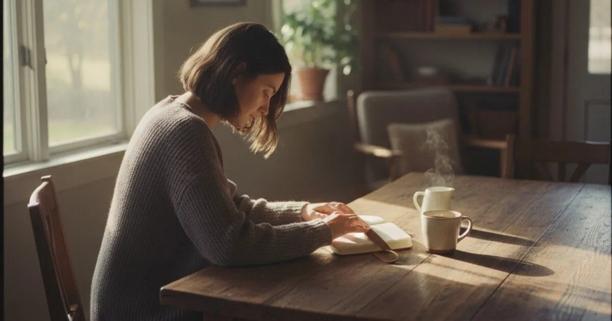 Person sitting alone at a kitchen table in soft morning light, looking thoughtfully at a journal