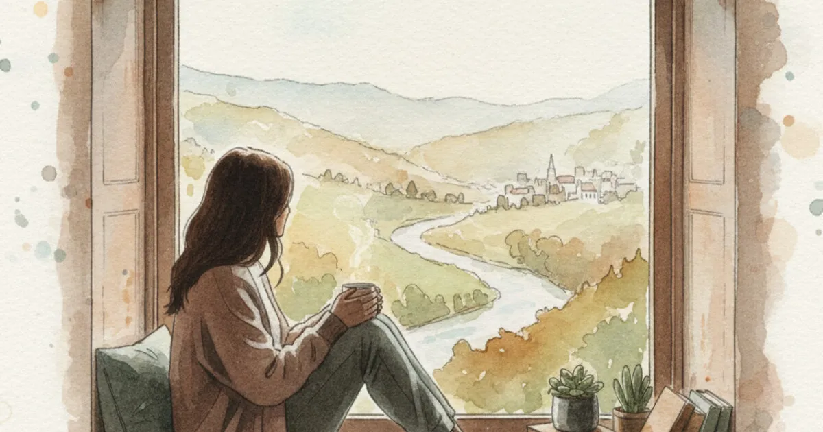 Person sitting alone at a window in soft natural light, contemplative mood, recovery and reflection theme