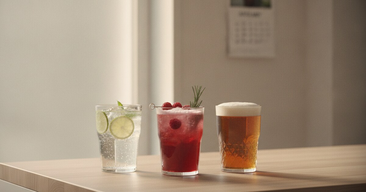 Row of non-alcoholic drinks on a kitchen counter with a January calendar in the background