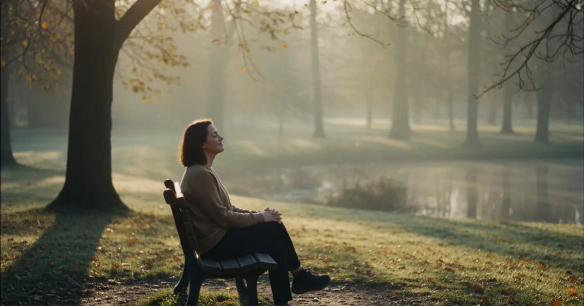 Person sitting peacefully on a park bench at dawn, looking calm and reflective