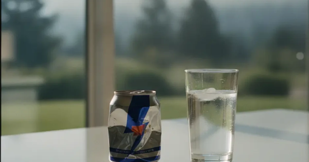 Crushed energy drink can on a kitchen counter beside a glass of water in morning light