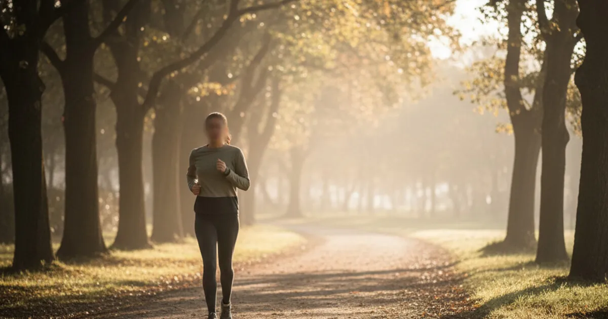 Person jogging on a sunny path through a park, representing exercise and movement in addiction recovery
