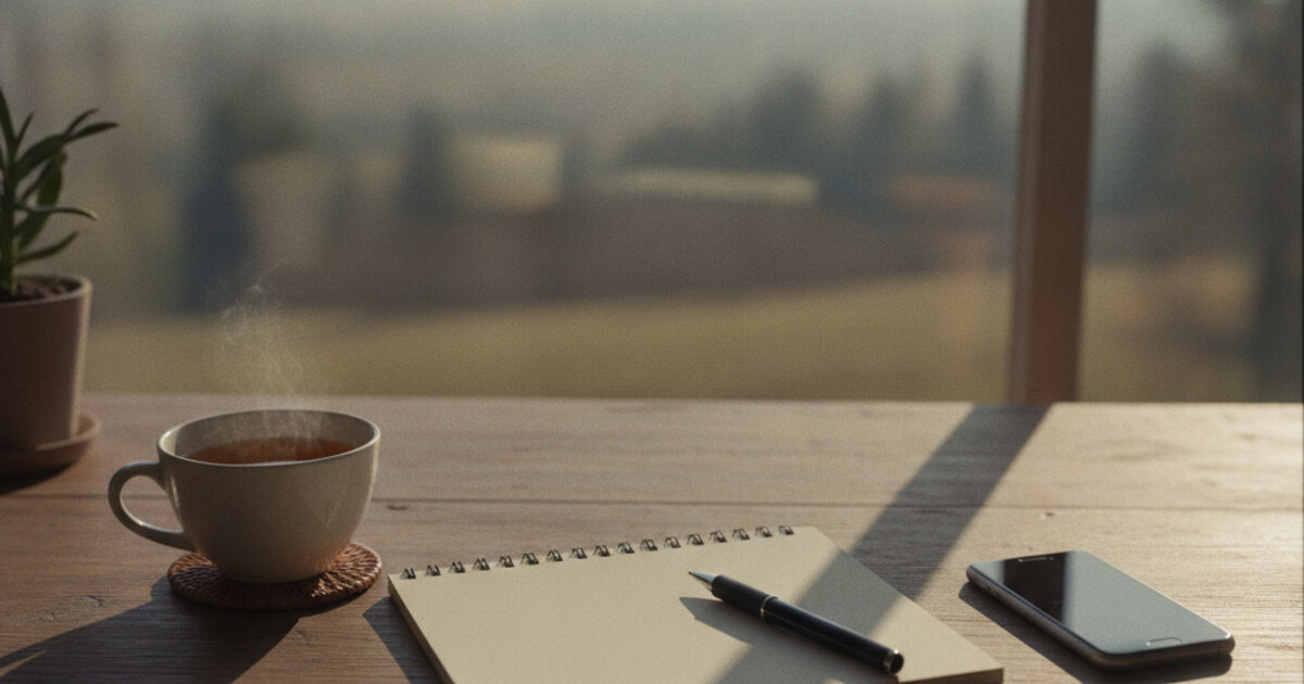 Notebook, phone, and a cup of tea arranged on a wooden desk in warm morning light