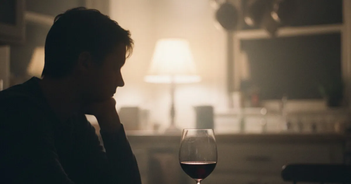 Person sitting alone at a kitchen table, looking thoughtfully at a wine glass