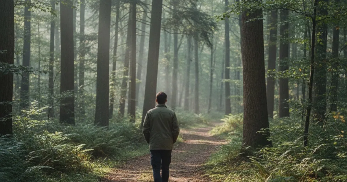 Person walking alone on a misty forest trail in early morning sunlight
