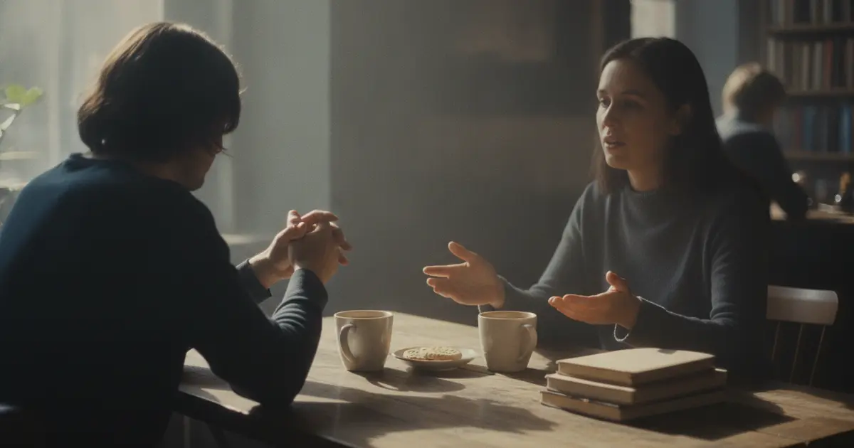 Two people sitting across from each other at a coffee shop having a supportive conversation
