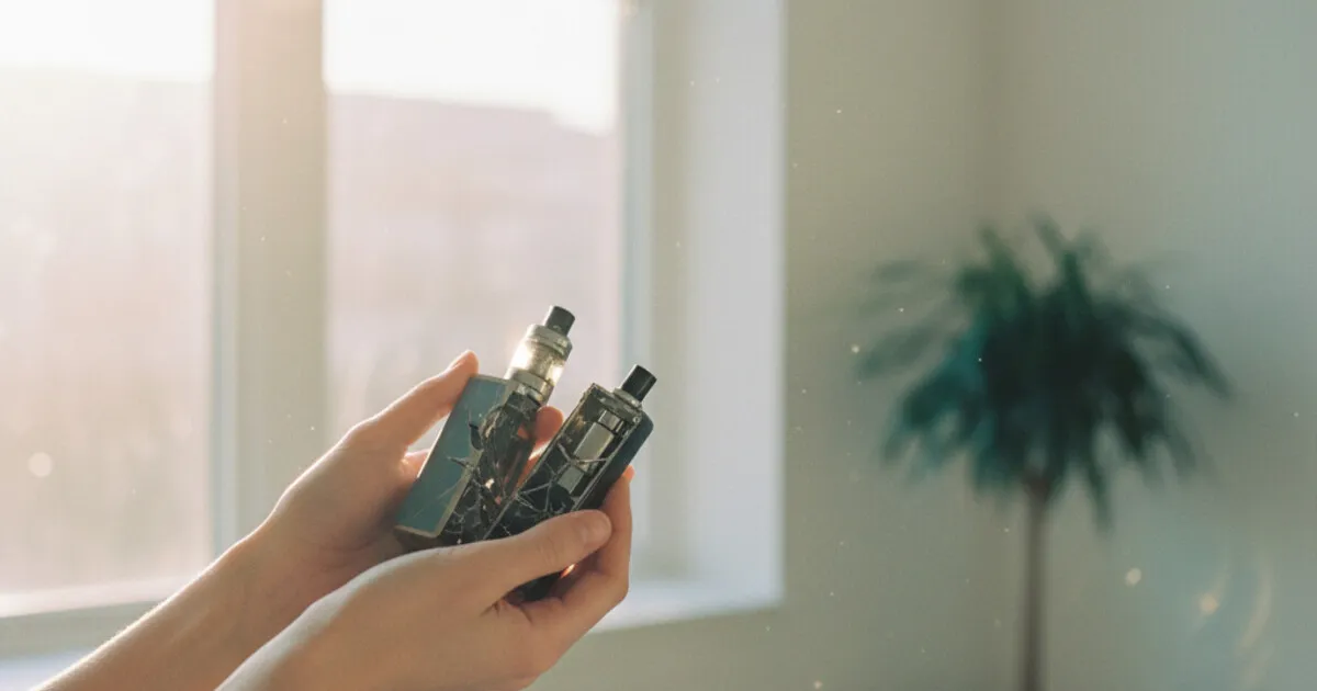 Person holding a broken vape device against a bright window, representing quitting vaping and choosing recovery