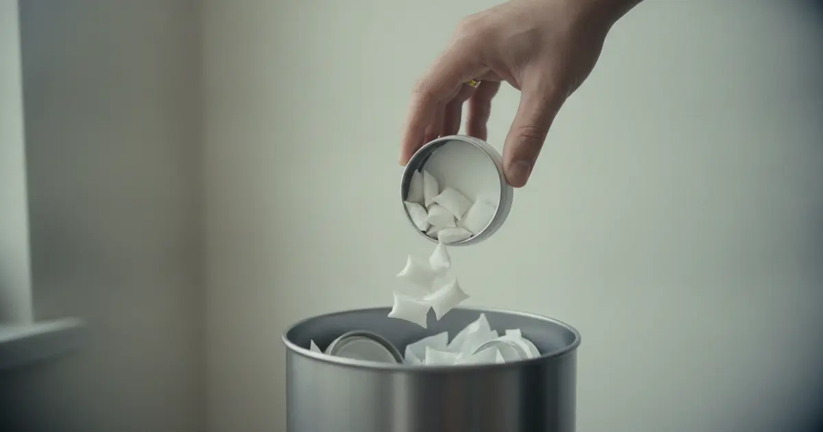 Person's hand dropping a tin of nicotine pouches into a trash can against a clean background
