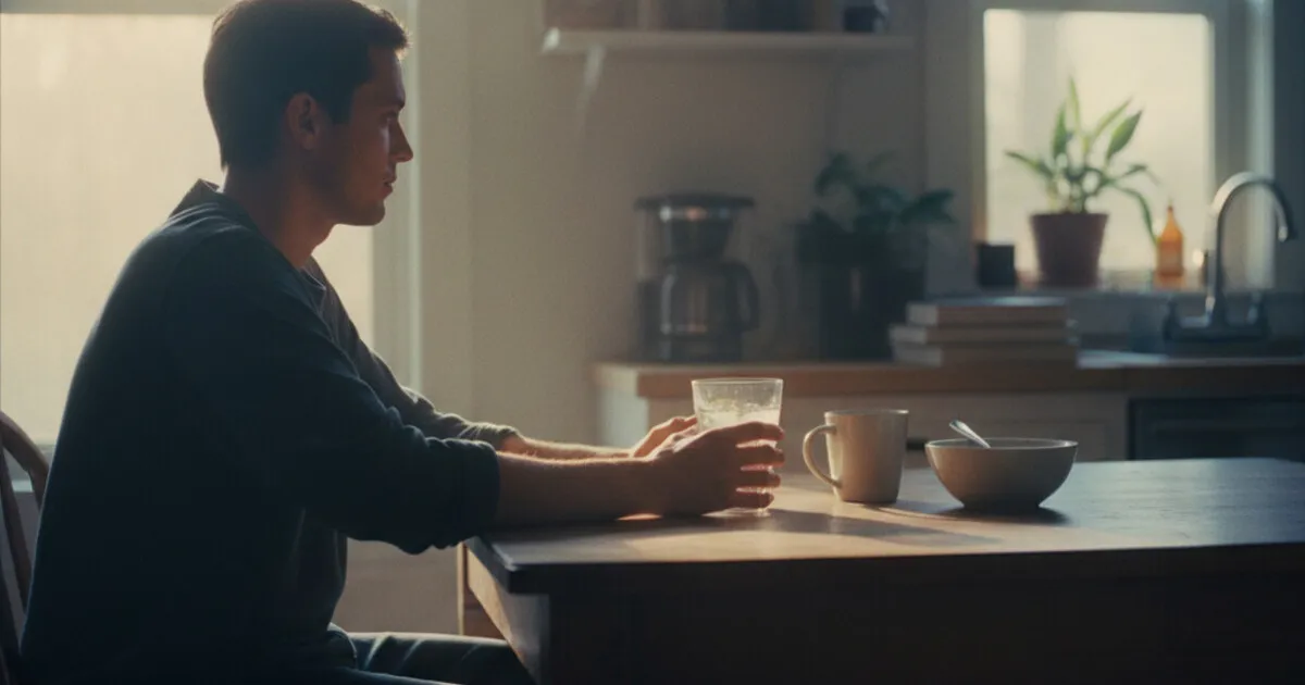 Person sitting at a kitchen table in early morning light with a glass of water, looking determined