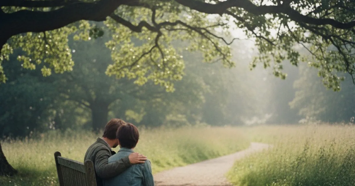 Two people sitting together on a park bench under a tree in soft afternoon light