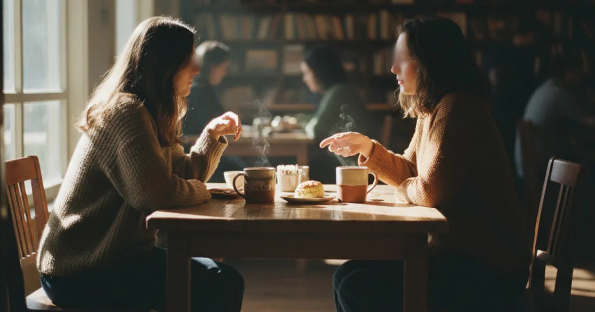 Two friends having a relaxed conversation at a coffee shop with no alcohol present
