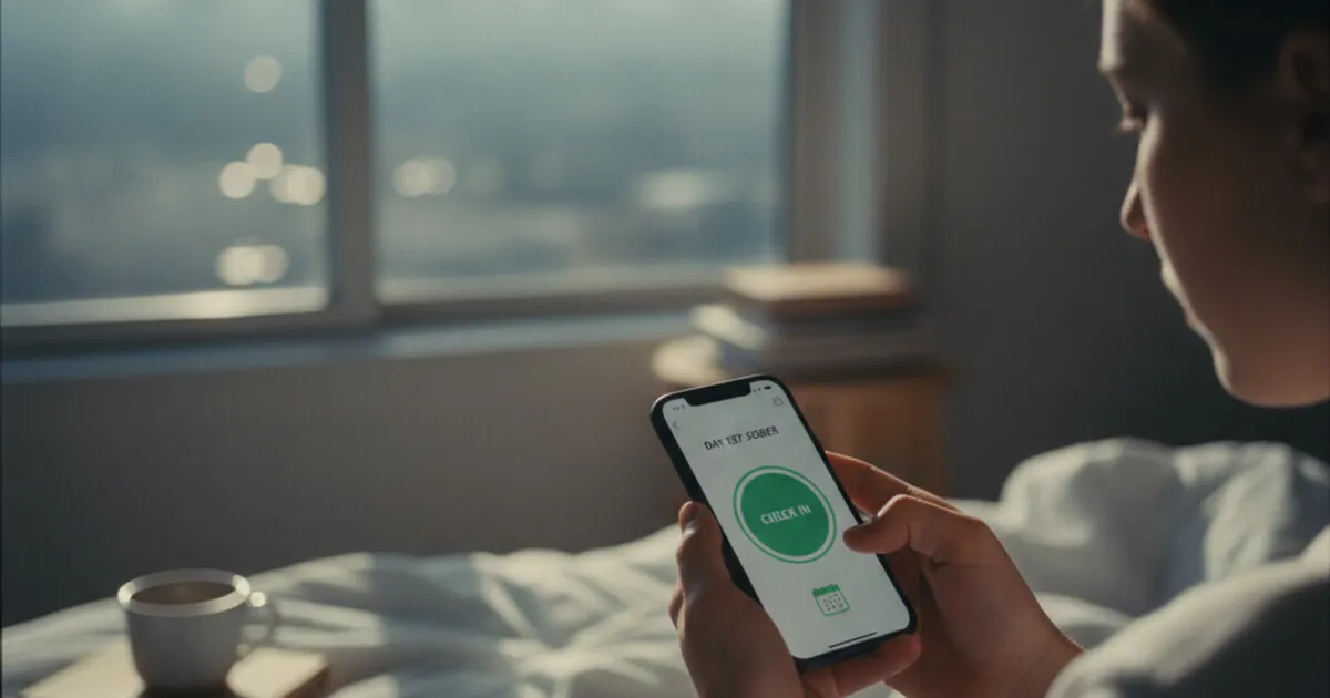 Person looking at phone with a recovery community app open, morning light