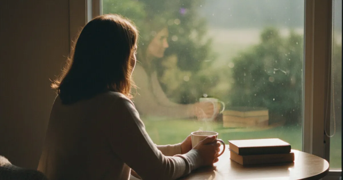 Person sitting alone by a window with a coffee mug, looking out thoughtfully in the morning light