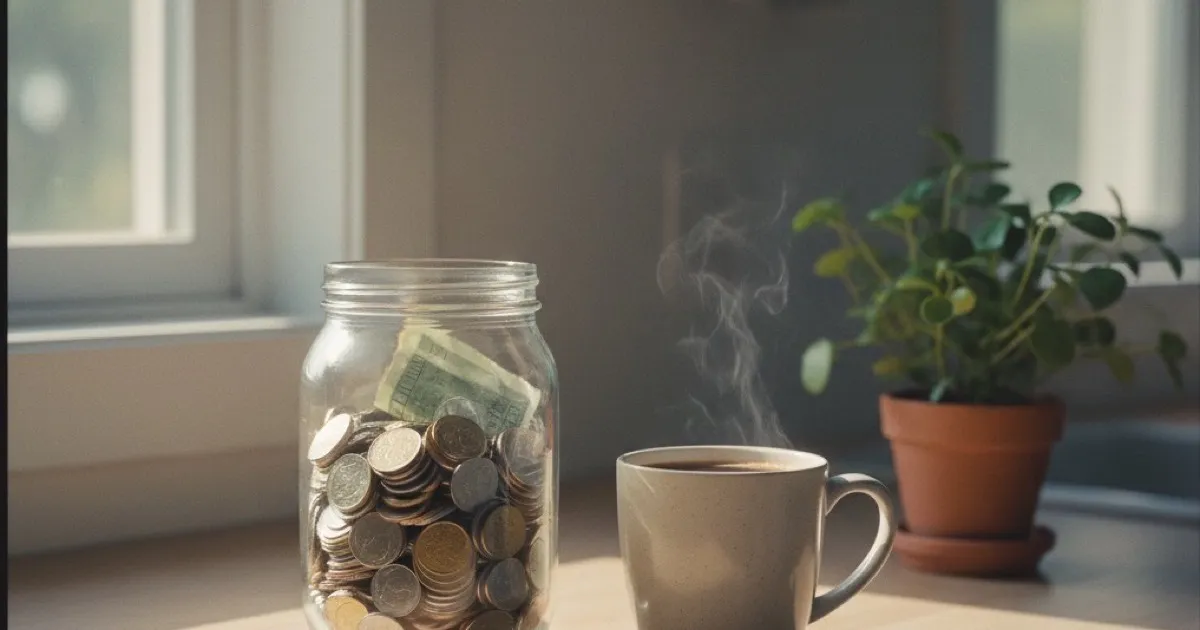 Glass jar filled with coins and bills on a kitchen counter in morning sunlight