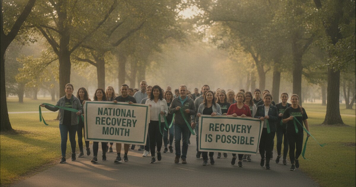 People at an outdoor recovery walk during National Recovery Month, holding green ribbons and community banners in warm September sunlight