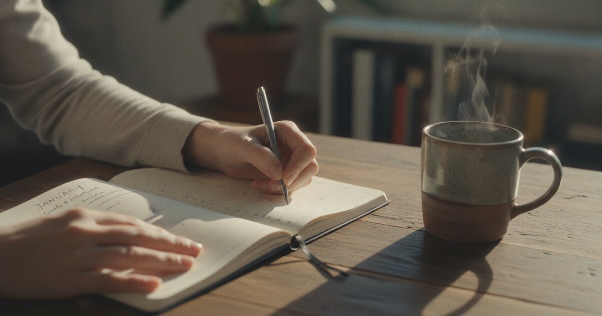 Hands writing in an open planner on a wooden desk with a coffee mug beside it, warm morning light creating golden highlights on the paper