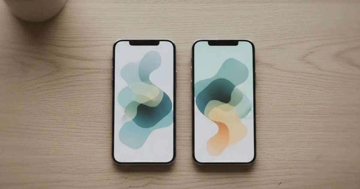 Two smartphones side by side on a light wood table showing different app interfaces