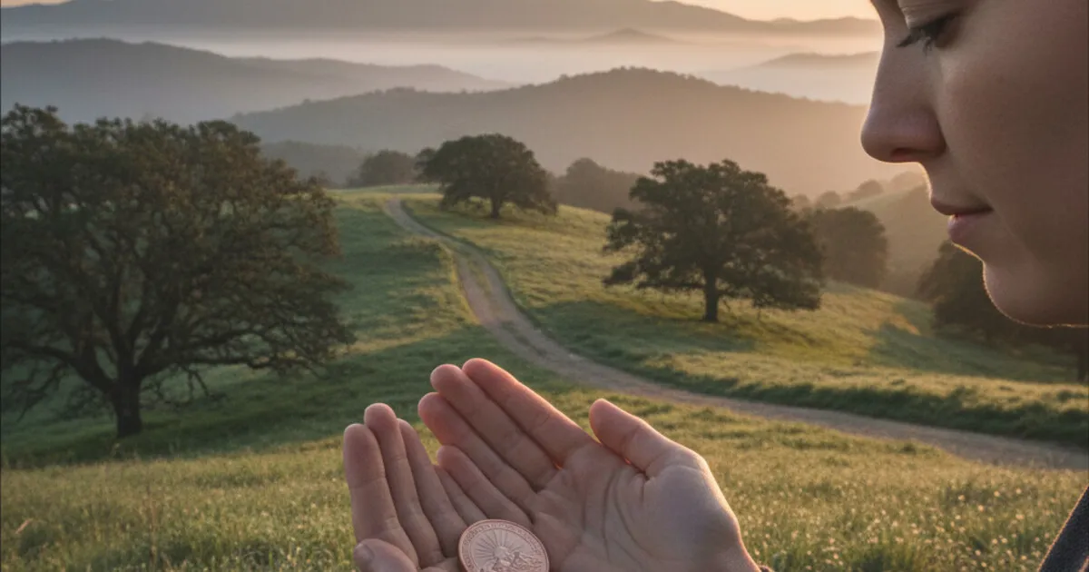 Person standing outdoors at sunrise holding a one-year sobriety milestone chip