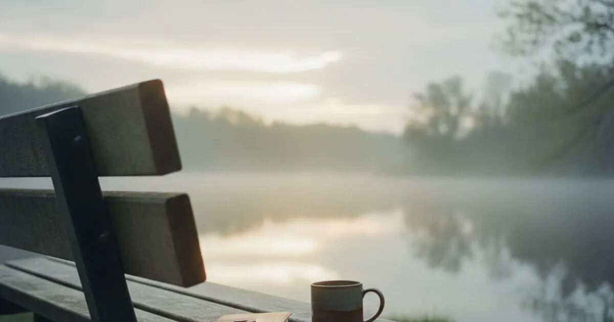 A peaceful park bench facing a misty lake at sunrise with a journal and coffee mug, representing quiet contemplation during recovery