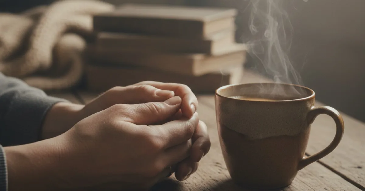 Two hands holding each other on a wooden table with coffee, warm supportive atmosphere