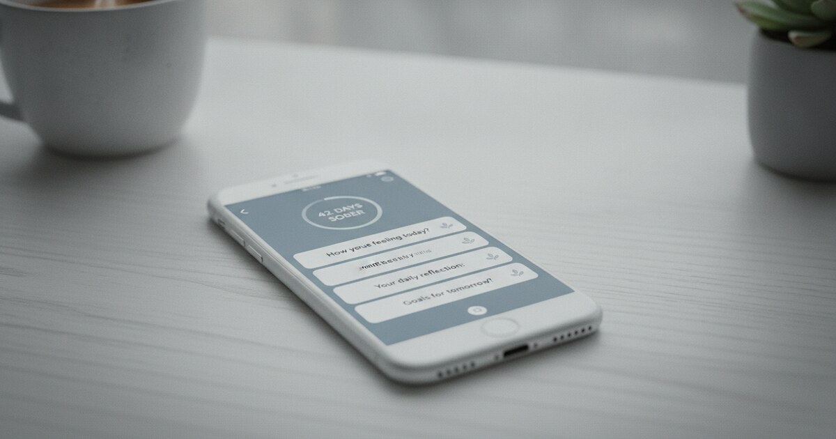 Smartphone showing a sobriety tracking app with a day counter and daily check-in prompts on a clean white desk