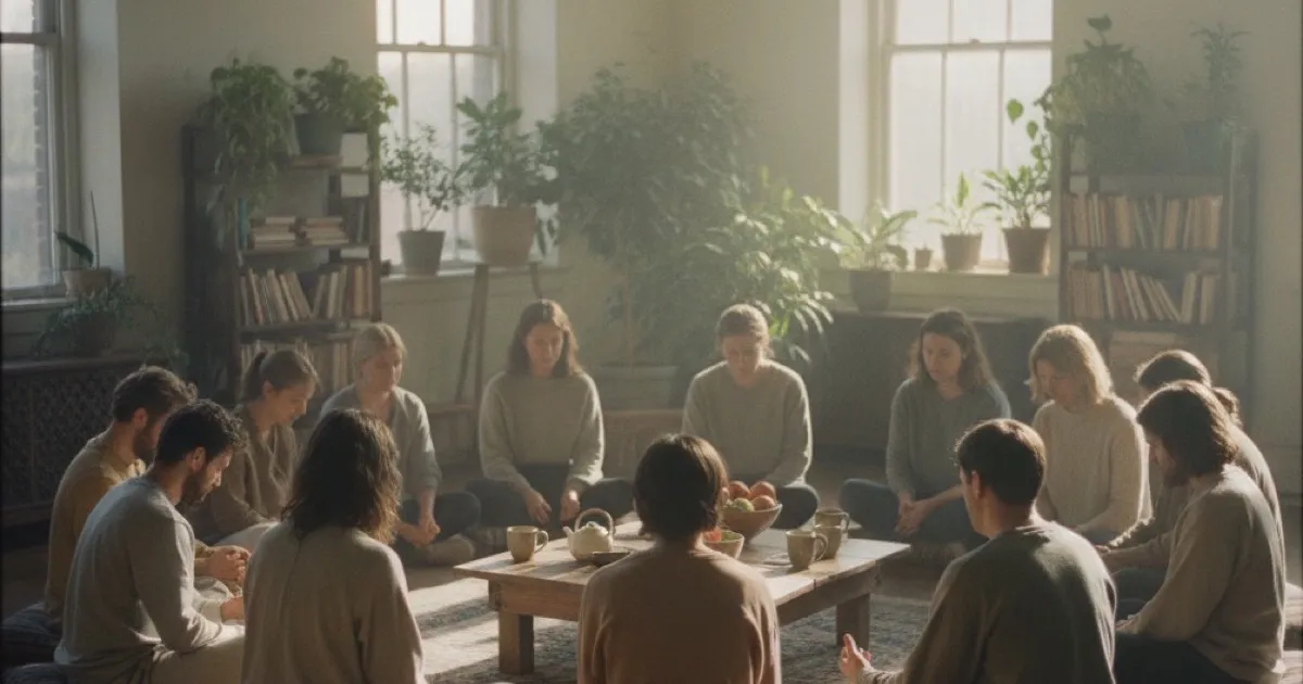 A group of people sitting in a circle in a bright room with warm afternoon light