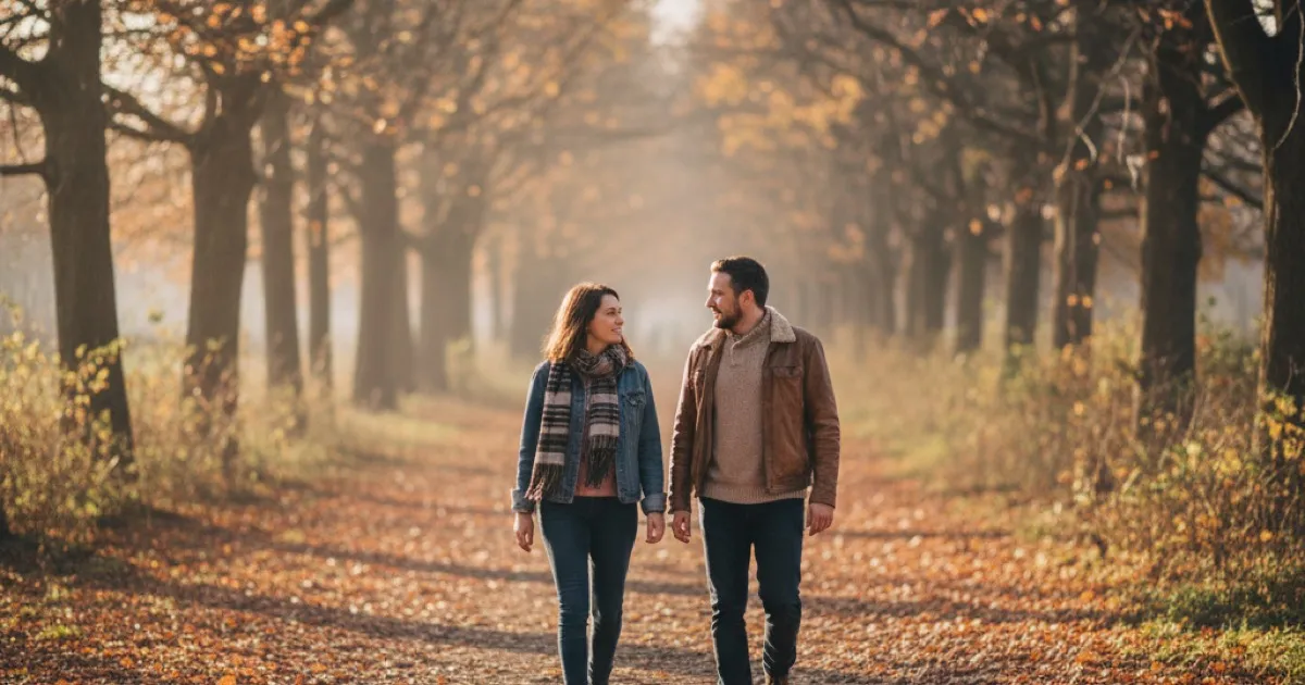 Two people walking side by side on a tree-lined path in warm afternoon light