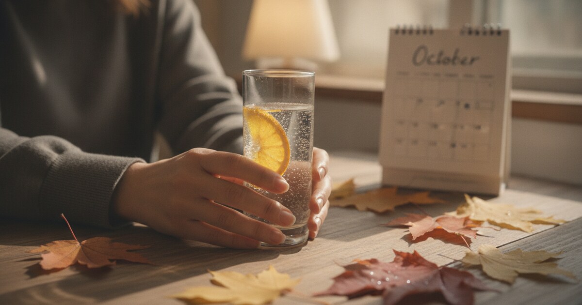 Person holding a glass of sparkling water surrounded by autumn leaves and an October calendar, symbolizing the Sober October challenge