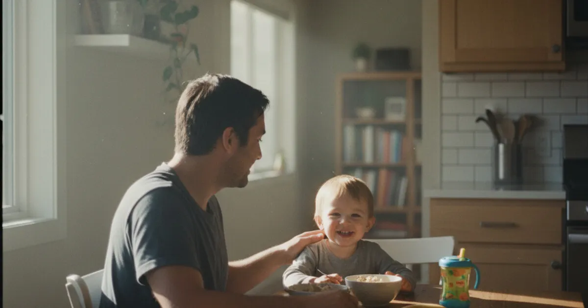 Parent and child sitting together at a kitchen table in warm morning light, looking calm and connected