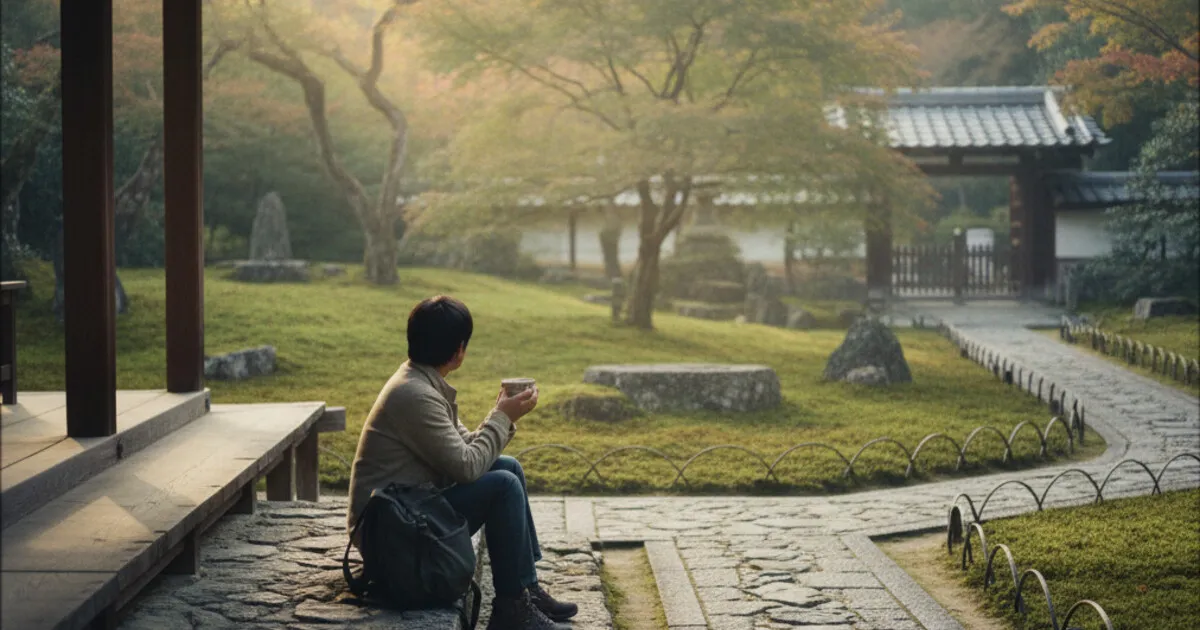 A solo traveler sitting on stone temple steps in Kyoto, holding a ceramic tea cup, looking out at a serene moss garden in early morning light
