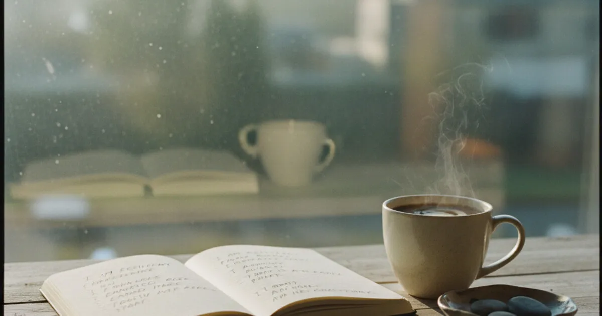 Open notebook with handwritten affirmations beside a warm cup of coffee in soft golden morning light