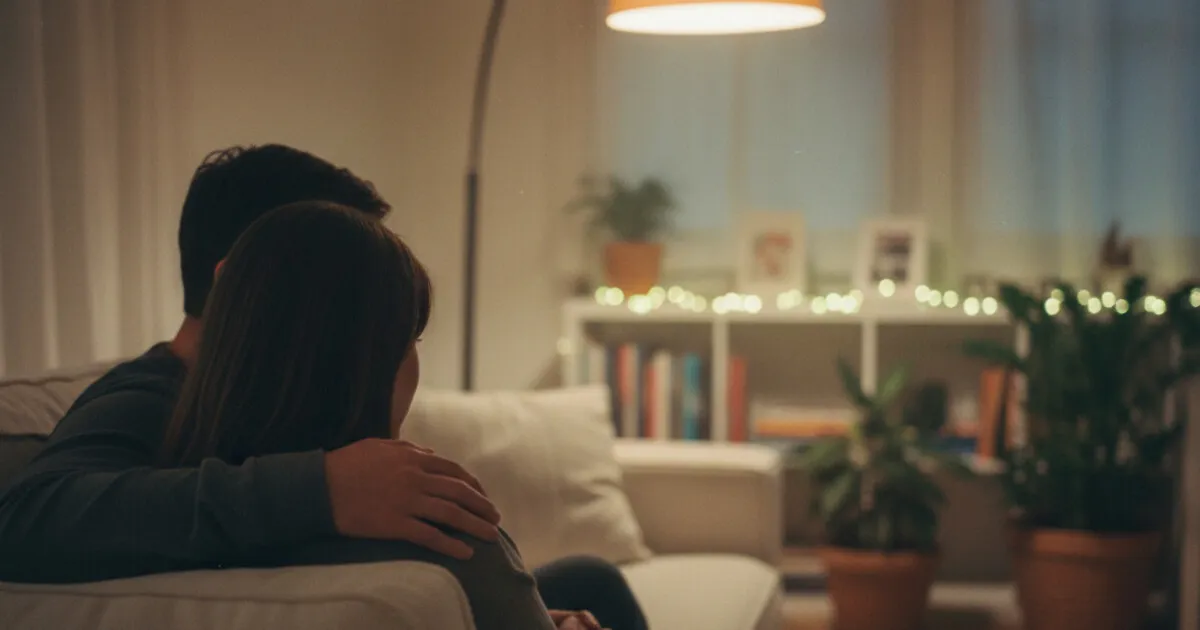 A couple sitting together on a couch, one partner resting a supportive hand on the other's shoulder, warm indoor lighting
