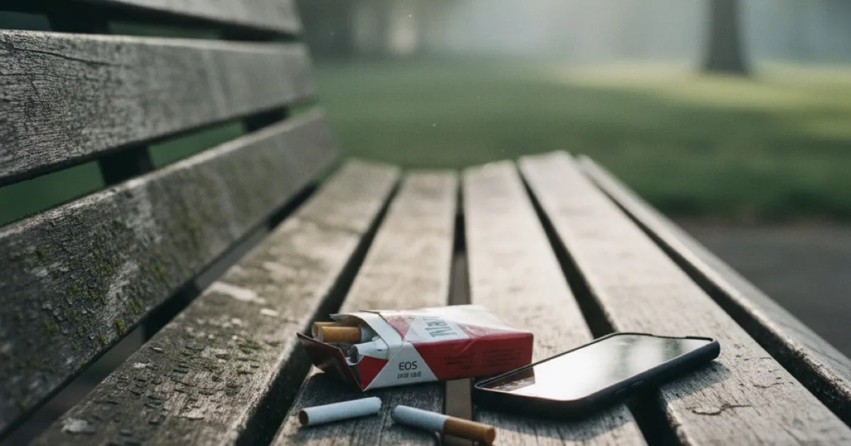 A crumpled pack of cigarettes next to a smartphone on a park bench in morning light