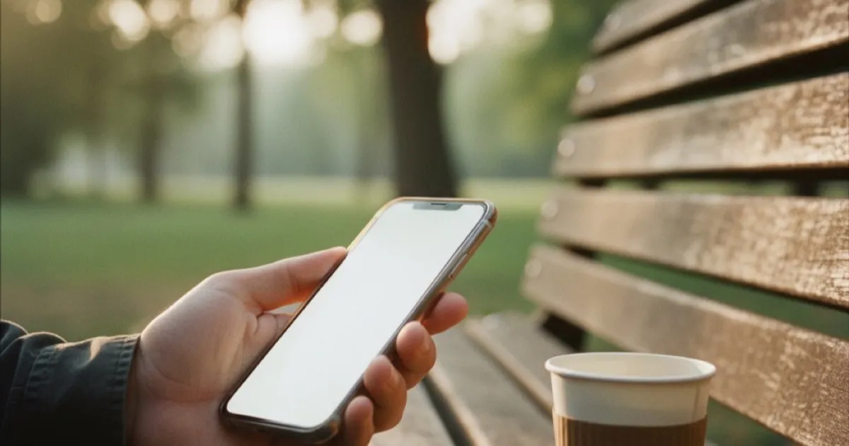 Hand holding a smartphone on a park bench with trees and warm afternoon sunlight