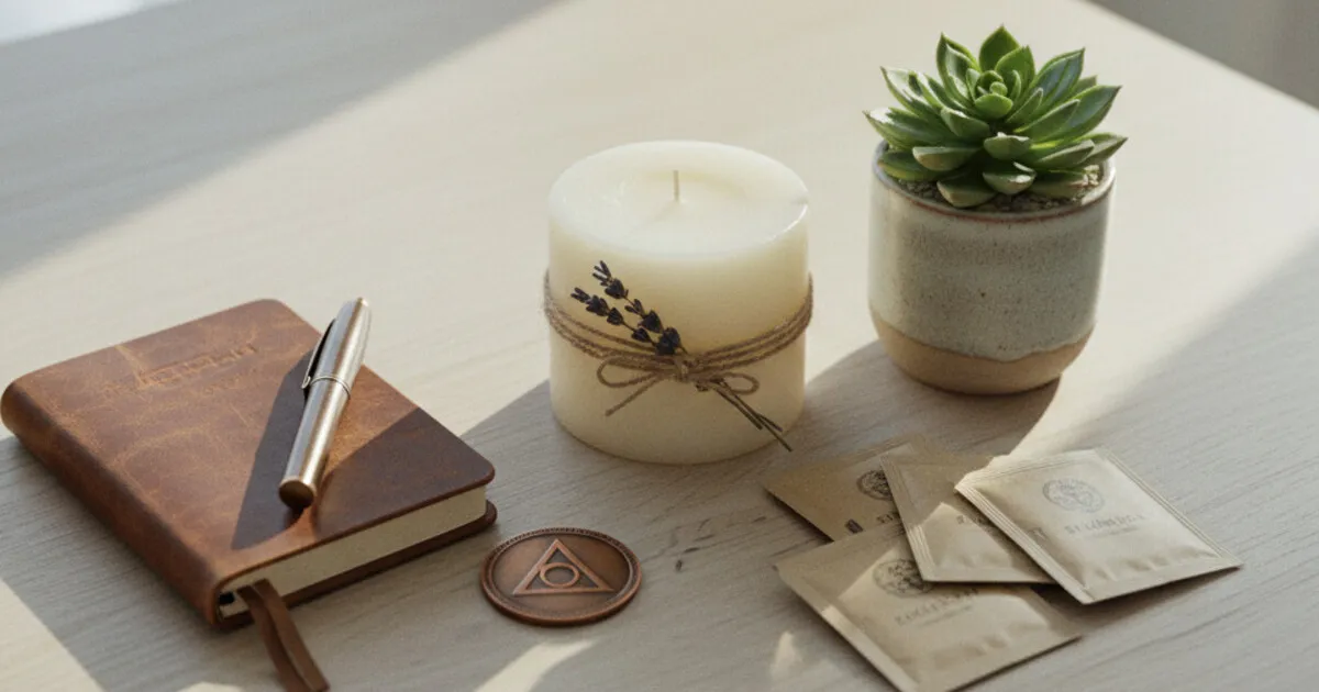 A collection of thoughtful sobriety gifts including a journal, sobriety chip, candle, and herbal tea on a wooden table