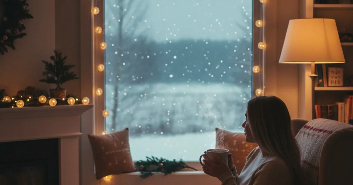 Person holding a warm mug near holiday string lights, peaceful and calm