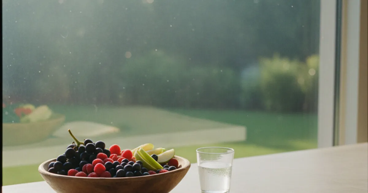 Bowl of fresh fruit and a glass of water on a bright kitchen counter, morning light