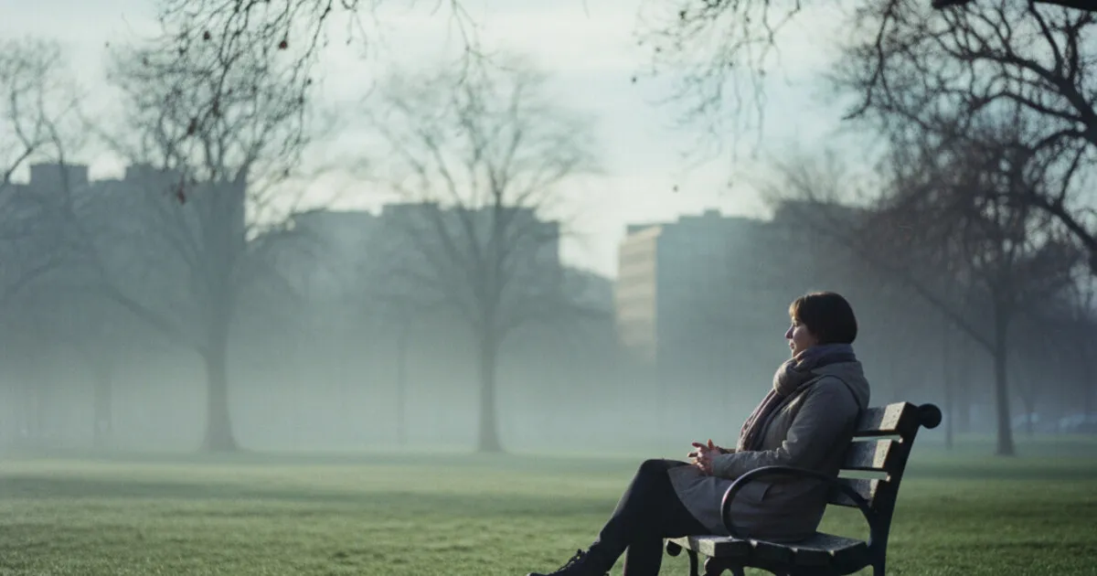 Person sitting alone on a park bench at dawn in a misty park, quietly reflecting