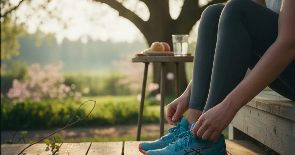 Person tying running shoes at sunrise, representing the energy and health benefits of quitting alcohol