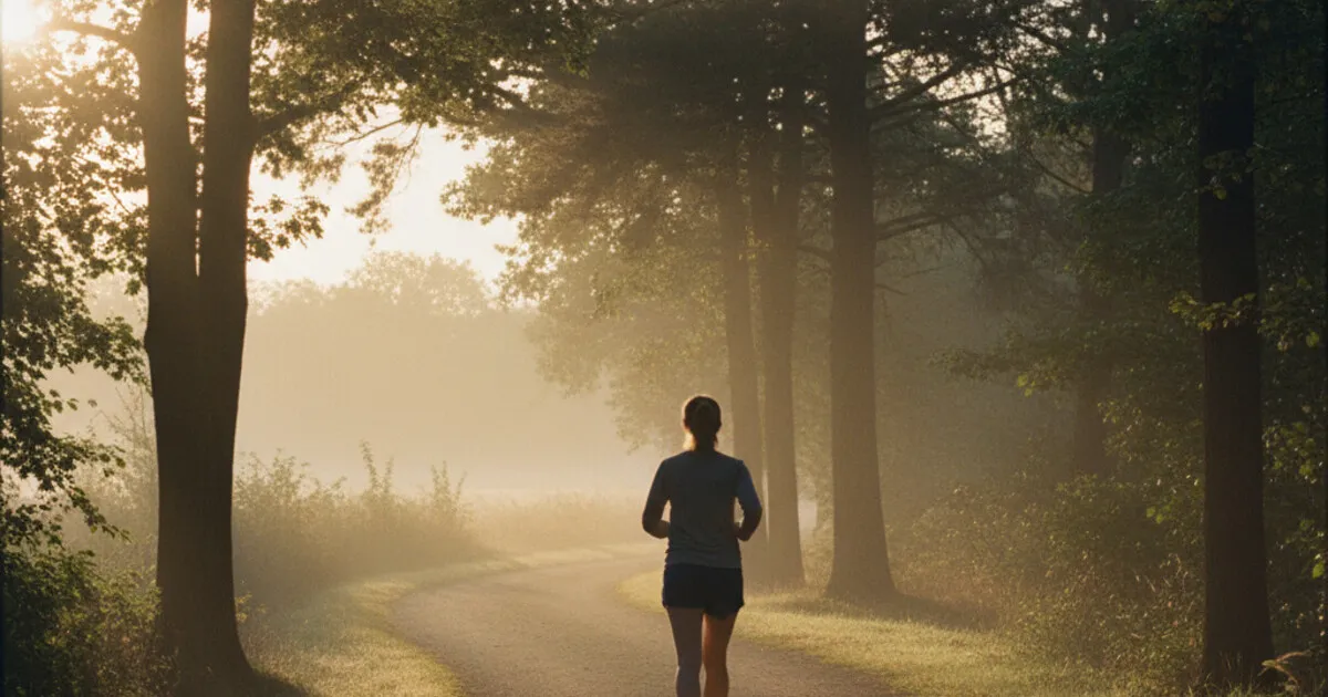 Person jogging along a tree-lined path at sunrise, warm natural light, healthy lifestyle